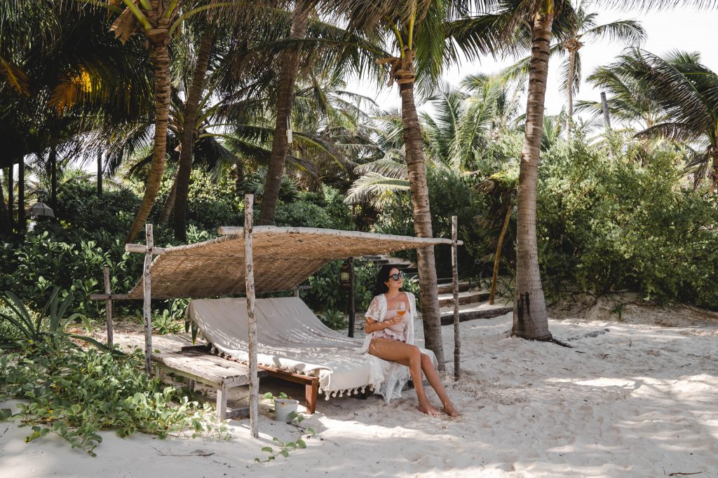 Christina outdoor beach lounge area Be Tulum | where to stay in Tulum