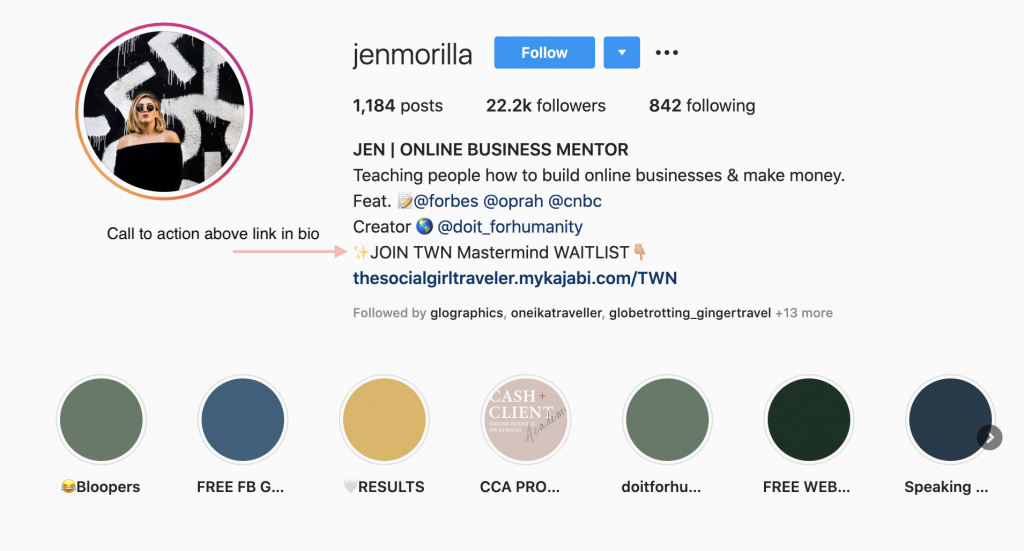 Jen Morilla | Call to Action on Instagram sample