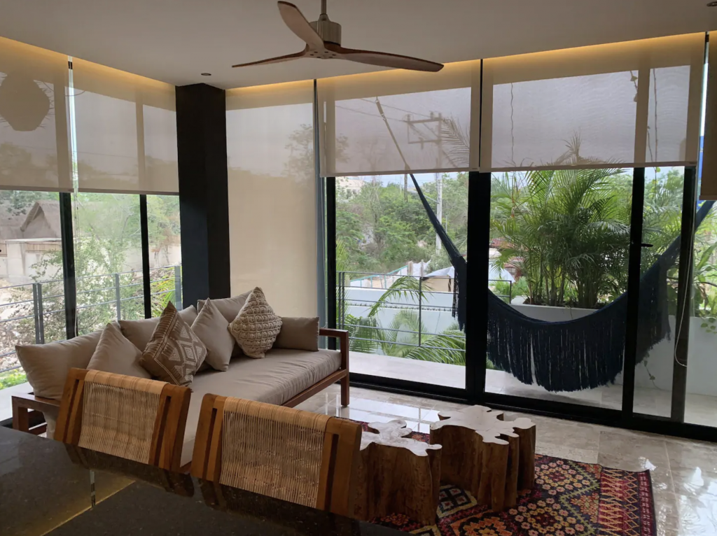 Living room interior and hammock | where to stay in Tulum