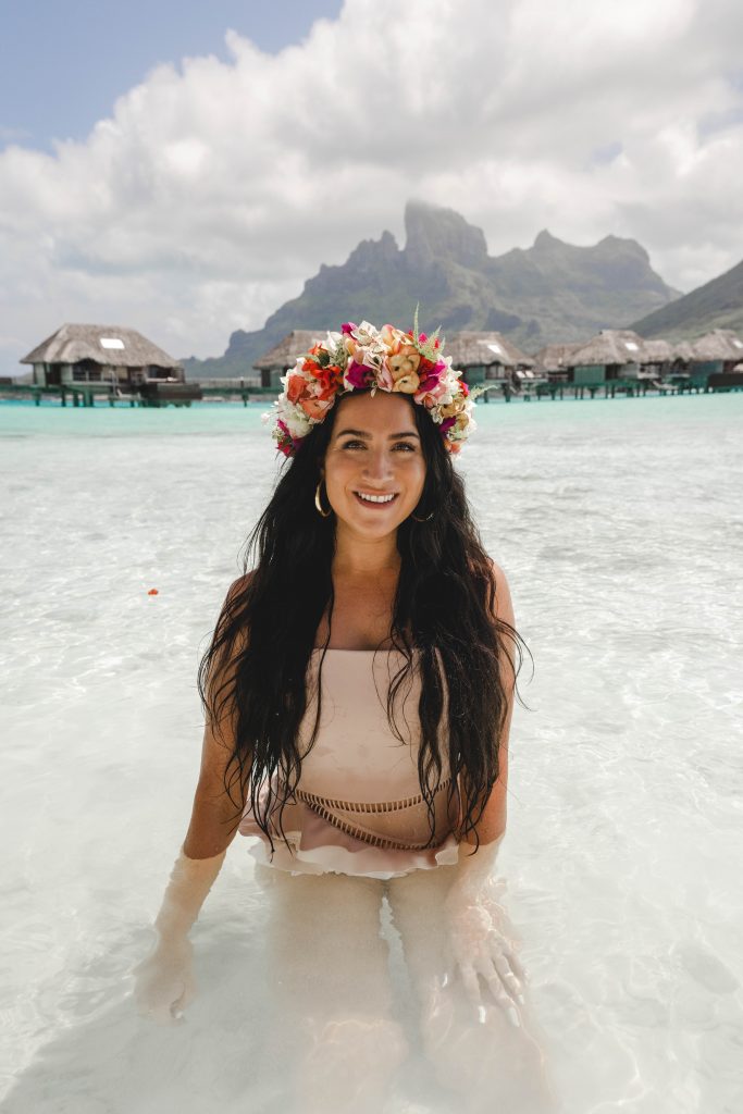 Christina with flower crown in Bora Bora four seasons hotel | The Ultimate Bora Bora and Moorea travel guide