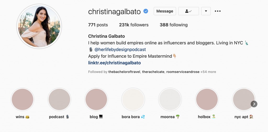 Story highlights example on Christina's IG profile | How to Use Instagram Features to Grow Your Account