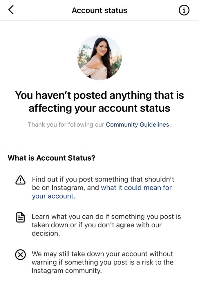 Account status on Instagram
