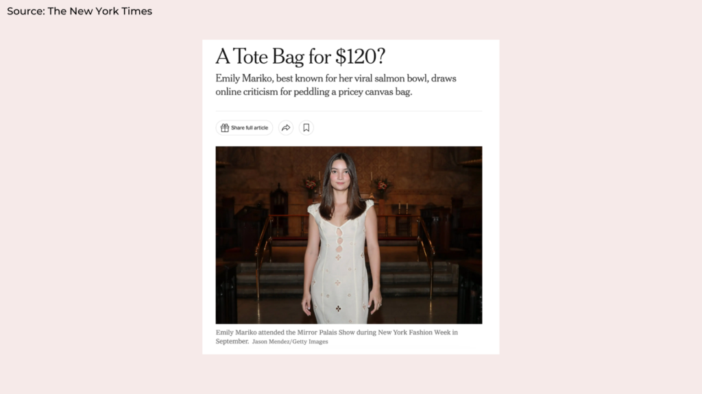 Emily Mariko $120 tote bag controversy New York Times article and the state of the creator economy in 2024