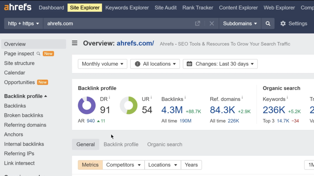 Using Ahrefs platform on a laptop to analyze SEO performance and strategies